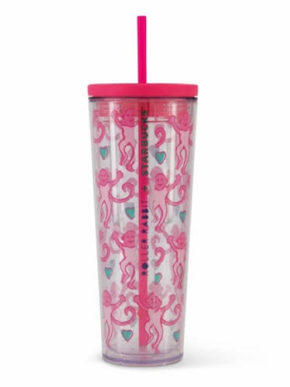 Starbucks x Roller Rabbit 24oz Acrylic Cold Cup Lovely Monkey Pink Tumbler NWOT